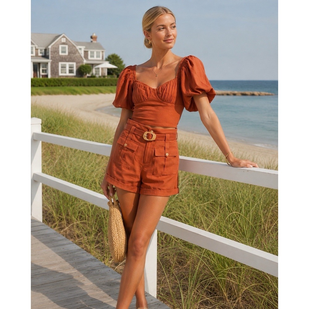 Jonathan Simkhai 2PC Matching Set Size 4 Rust Orange Cotton Linen Resort Wear